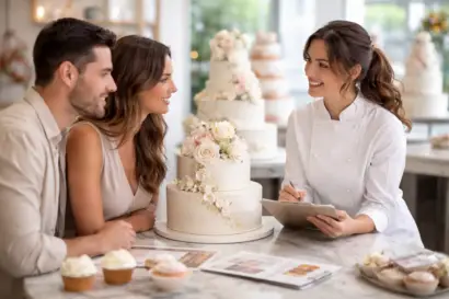 זוג מתייעץ עם קונדיטורית על עוגה מעוצבת ליום הולדת, עם קינוחים נוספים בשולחן.