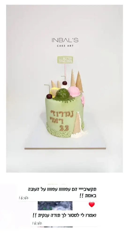 עוגת יום הולדת מעוצבת בצבעים רכים עם קישוטי גלידה ודובדבנים, מושלמת לאירועים מיוחדים.