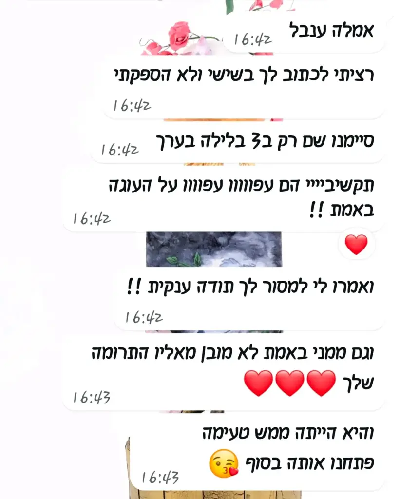 שיחה על עוגות מעוצבות ליום הולדת, עם התייחסות לעיצוב ולתודה על הכנת קינוחים מיוחדים.